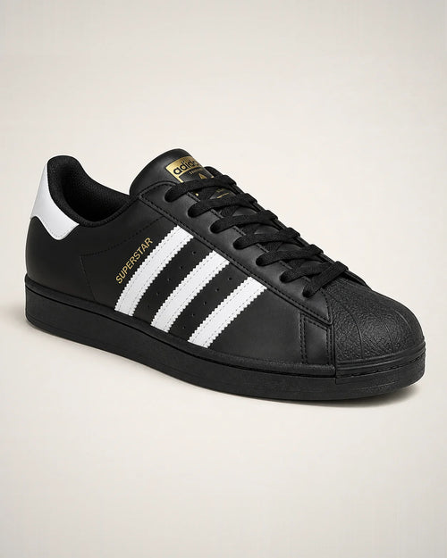 Superstar negro con tres franjas blancas, talonera blanca y shell toe de caucho tonal.