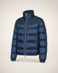 Puffer azul marino con jacquard Oblique tonal, cuello alto y cierre plateado.