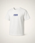 Playera blanca con Box Logo azul y morado.